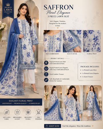 Saffron Floral Elegance – Premium 3 Piece Lawn Suit