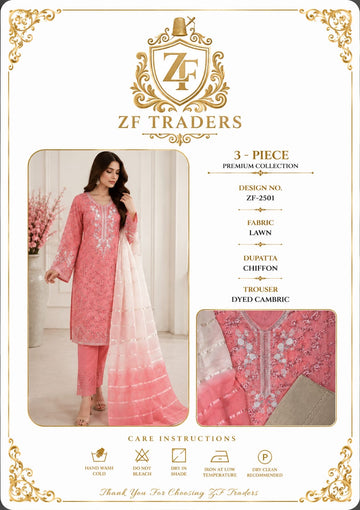 ZF Traders Premium Coral Pink 3-Piece Lawn Suit