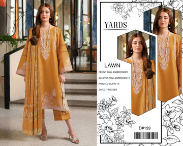 Premium Mustard Embroidered Lawn 3 Piece Unstitched Suit – Printed Dupatta & Dyed Trouser