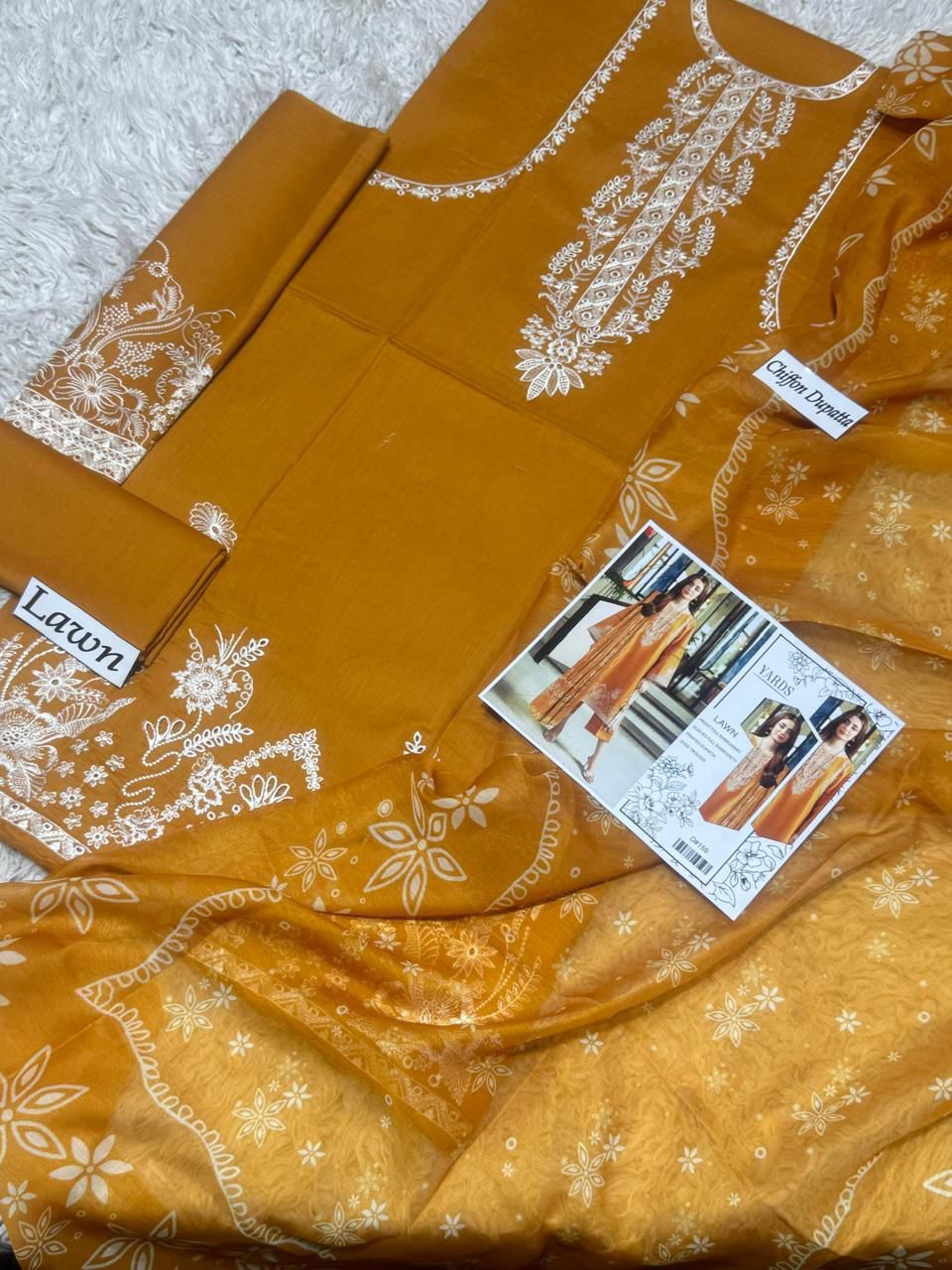 Premium Mustard Embroidered Lawn 3 Piece Unstitched Suit – Printed Dupatta & Dyed Trouser