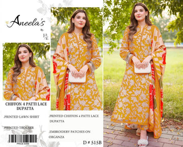 Mustard Floral Printed Lawn 3-Piece Suit with Chiffon 4 Patti Lace Dupatta