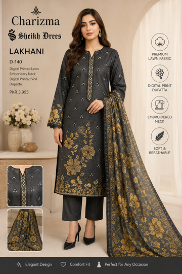 Lakhani by Shelibi Jorees 3 Piece Unstitched Embroidered Lawn Suit – Charcoal Grey | D-160