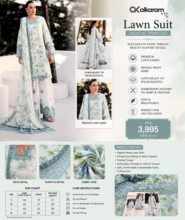Alkaram Pastel Blue Floral Printed Lawn 3-Piece Suit with Embroidered Details
